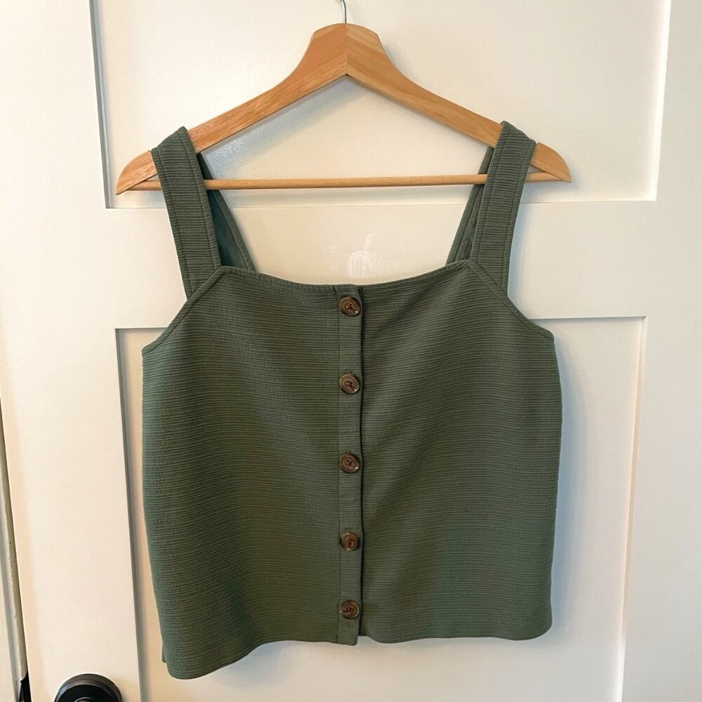 J.Crew Olive Green Front Button up Sleeveless Textured Top Size Small